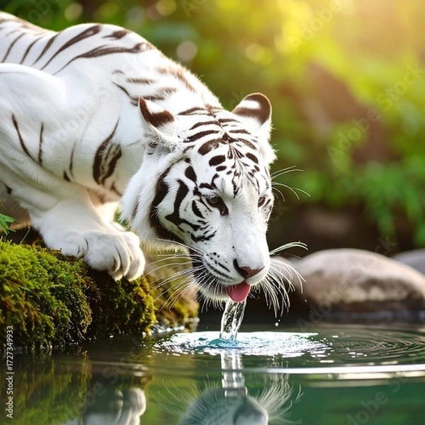 Obraz White tiger drinking water