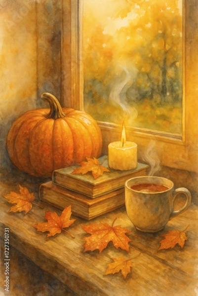Fototapeta Autumn illustration featuring "blanket and candles" with pumpkins and corn for seasonal decor