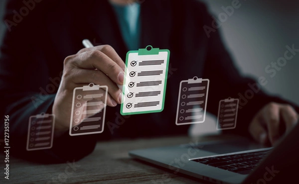Fototapeta Digital checklist on laptop screen with professional marking completed tasks, symbolizing project planning, task management, productivity, organization, and efficient workflow system.