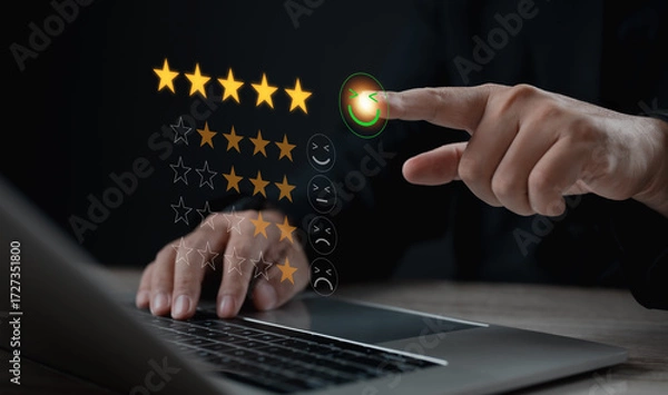 Fototapeta Customer rating with five-star review on digital platform, symbolizing satisfaction, feedback, trust, service quality, reputation, and positive experience for online business success.