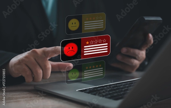 Fototapeta Person giving one-star review on smartphone and laptop, representing negative feedback, poor service, dissatisfaction, customer complaint, online rating, and bad experience in digital business.