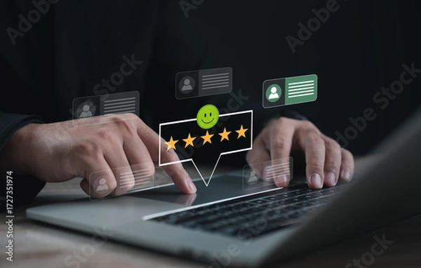 Fototapeta Person typing on laptop with five-star customer feedback icons, symbolizing online review, rating, satisfaction, testimonial, digital marketing, business reputation, and client experience.