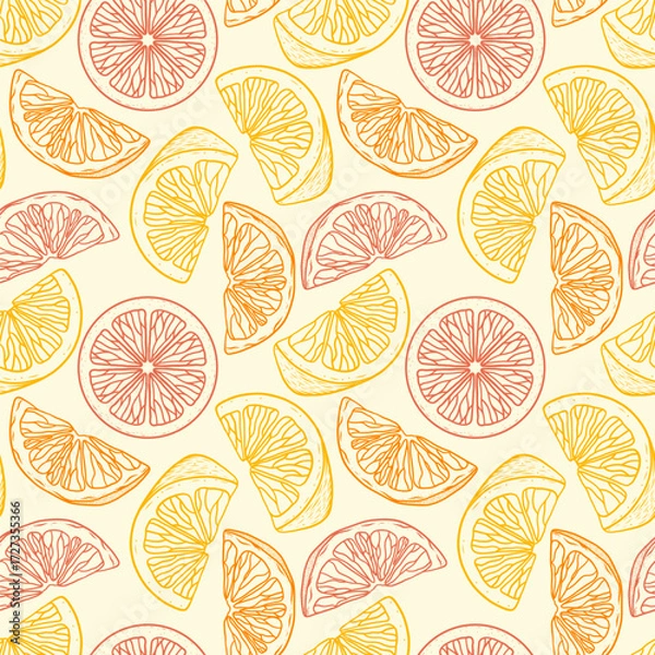 Fototapeta Vector seamless pattern of oranges, lemons, and gruyroots. Fruit halves.