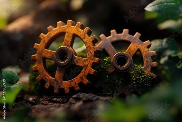 Fototapeta Two rusty gears rest on moss-covered ground, bathed in sunlight; a steampunk aesthetic.