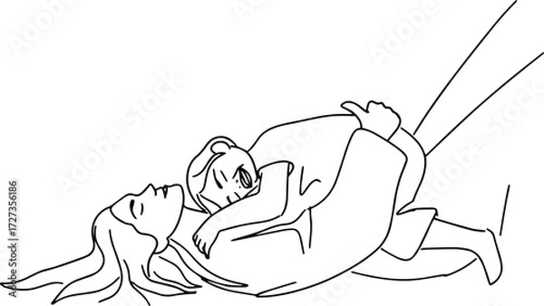 Fototapeta Hand-drawn illustration in line art style with a mother and child falling asleep on her.