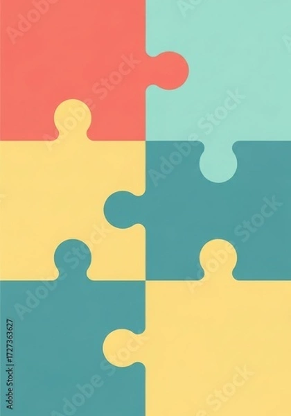 Fototapeta Colorful jigsaw puzzle pieces assembled on a light background, flat lay