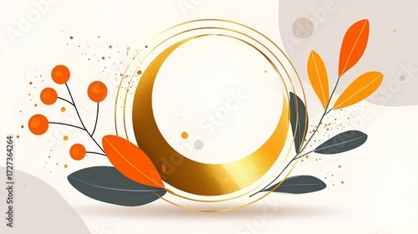 Fototapeta Golden crescent moon surrounded by vibrant autumn leaves and berries, creating a harmonious and artistic composition with a soft background and elegant design elements