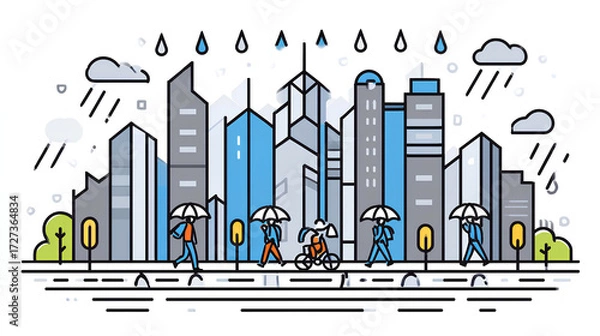 Fototapeta Dramatic illustration of a rainy city skyline with geometric blue-gray buildings, portraying a quiet and introspective urban feel.