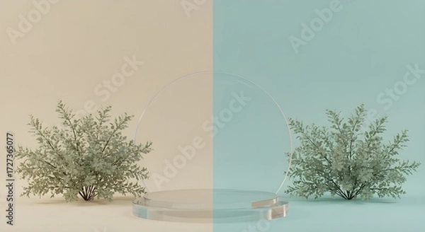 Fototapeta Twin Circular Frames with Green Bushes Highlight Balance and Color Contrast in Composition