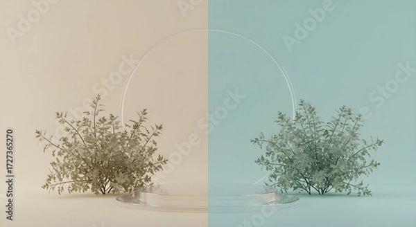 Fototapeta Minimalist Composition Features Glass Base and Greenery Against Contrasting Pastel Backgrounds in Symmetry