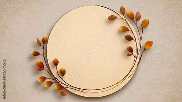 Fototapeta Circular mock up with textured background and autumn leaves framing a blank space, ideal for seasonal designs, invitations, or creative projects showcasing nature's beauty