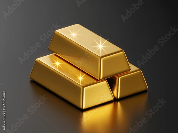 Fototapeta Realistic 3D Render of Shiny Gold Bars on Glossy Black Surface with Sparkling Highlights
