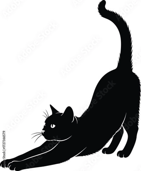 Fototapeta Black cat silhouette vector illustration stretching with raised tail on white background