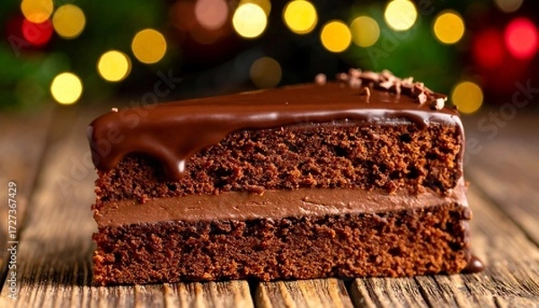 Obraz Chocolate cake slice on rustic wood