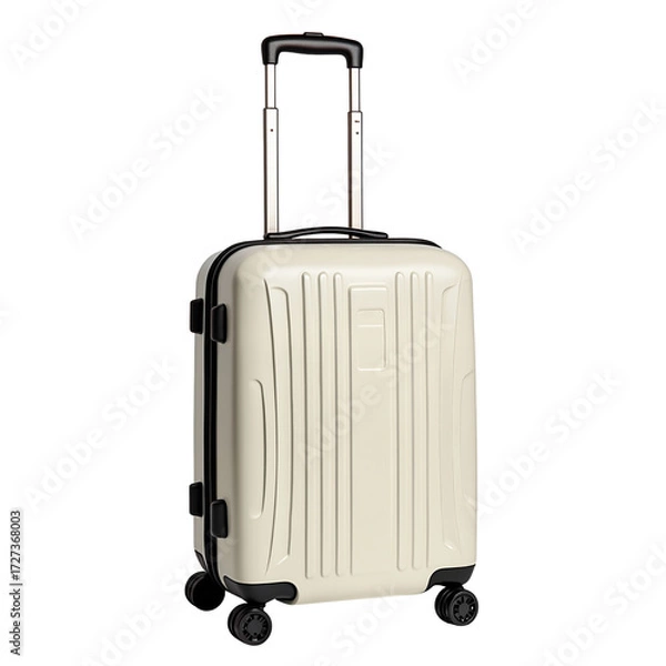 Fototapeta Compact white suitcase with wheels and retractable handle, isolated on white background 