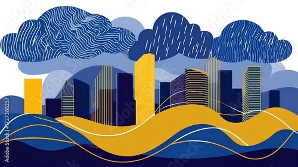 Fototapeta Melancholic city skyline artwork with abstract blue and gray buildings in the rain, reflecting urban life and weather moods.