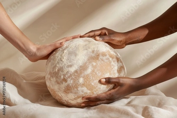 Fototapeta Two hands gently cradle a large, round loaf of sourdough bread, symbolizing unity and craftsmanship.