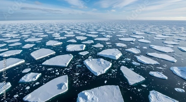 Fototapeta Aerial Arctic View of Jagged Ice Floes Floating on Deep Blue, Frozen Waters