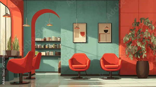 Fototapeta Interior view with red chairs and colorful wall design art.