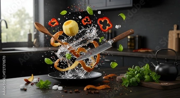 Fototapeta Dynamic Kitchen Scene Showcases Fresh Ingredients in Action Amid Culinary Tools and Herbs