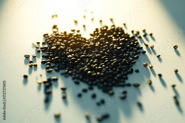 Fototapeta Dark roasted coffee beans arranged in a heart shape, illuminated by warm sunlight, creating a romantic and cozy atmosphere.