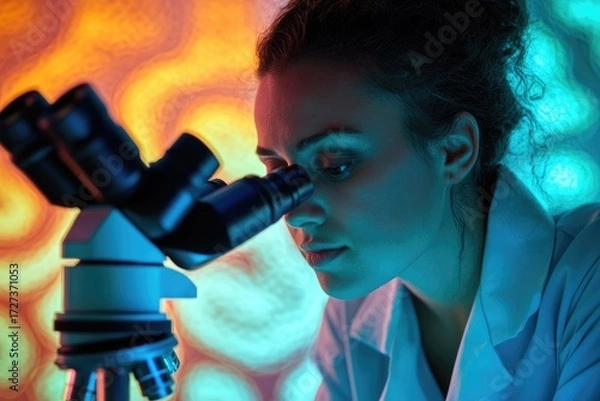 Fototapeta A female scientist intently examines a specimen through a high-powered microscope in a lab setting.