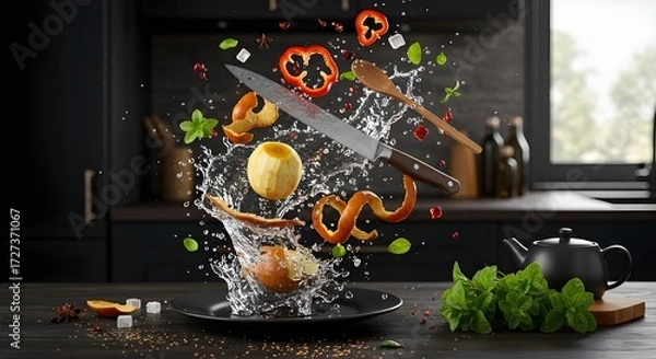 Fototapeta Hyper-Realistic CGI Kitchen Scene Bursts with Fresh Ingredients and Dynamic Culinary Motion