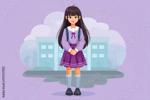Fototapeta Proud young learner in a neat purple uniform smiling in front of a vibrant, colorful school structure.
