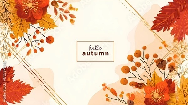 Fototapeta Colorful seasonal illustration with autumn foliage, acorns, and decorative flowers framing a greeting for fall-themed creative projects.