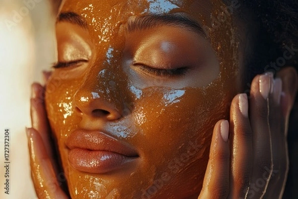 Fototapeta Woman applying honey face mask, enjoying a relaxing skincare routine for glowing skin.