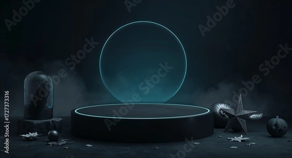 Fototapeta Halloween blue halo moon over black podium with metallic jack o lantern, moody night, Generative AI
