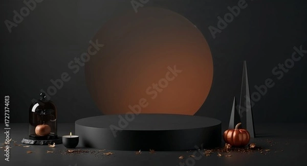 Fototapeta Spooky autumn podium with candle, trees, and mini pumpkins, Generated AI