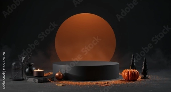 Fototapeta Minimal black pedestal with jack o lantern decor and candle, Generated AI