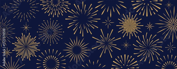 Fototapeta Abstract geometric exploding festive fireworks isolated on blue background. Christmas banner for holiday, flyer, greeting card. Decorative backdrop for New Year. Vector EPS10