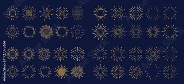 Fototapeta Simple geometric exploding festive fireworks isolated on blue background. Christmas elements for holiday, flyer, greeting card. Decorative backdrop for New Year. Isolated Vector EPS10