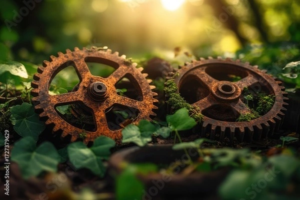 Fototapeta Two rusty cogwheels rest amidst lush green foliage, bathed in warm sunlight, evoking a sense of time and nature's reclaiming.