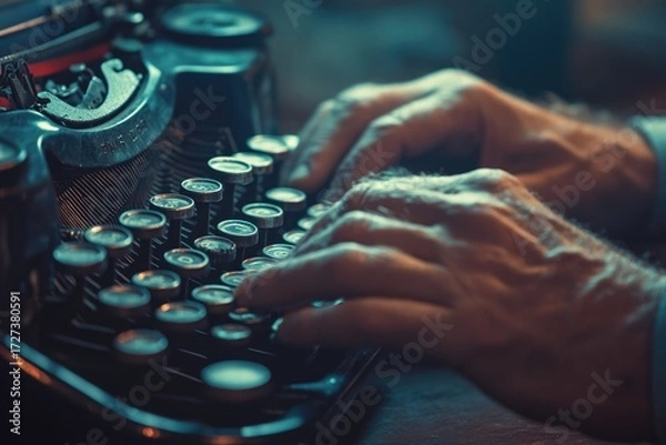 Fototapeta Close-up of aged hands typing on vintage typewriter, evoking nostalgia and classic writing.