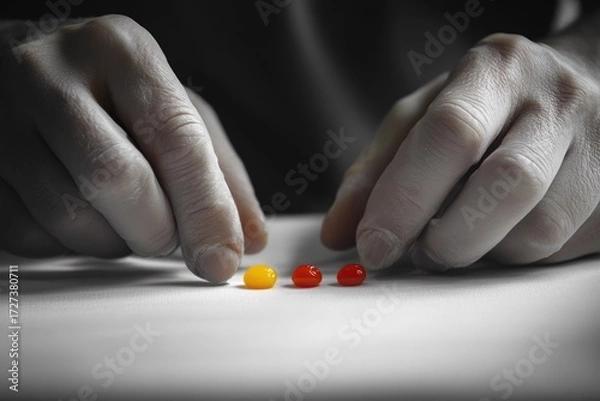 Fototapeta Two hands carefully arrange three small, colorful jelly beans on a white surface.