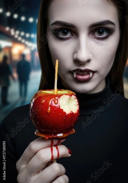 Fototapeta A vampire with fangs holds a caramel apple, a Halloween treat.