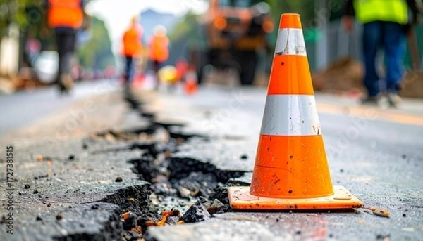 Fototapeta An orange traffic cone alerts drivers about road damage, with workers in the blurred background, emphasizing the hazard