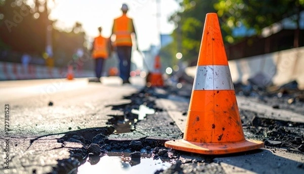 Fototapeta Traffic cone on a road surface undergoing construction, with road workers in the background