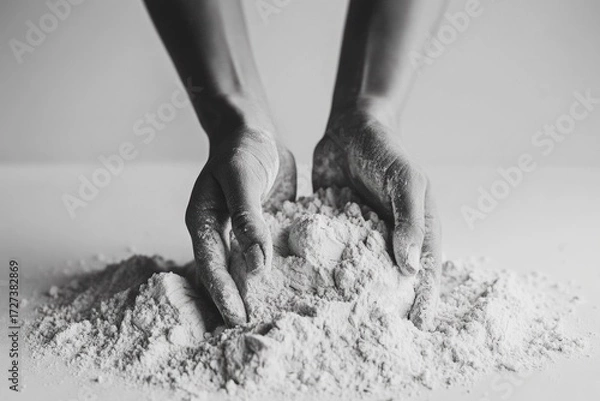 Fototapeta Hands gently cradling a mound of flour, ready for baking.