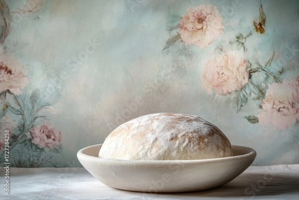 Fototapeta A freshly baked loaf of bread, dusted with flour, rests in a white bowl against a delicate floral backdrop.
