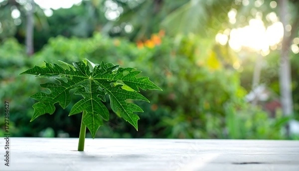 Obraz Papaya seedling on a weathered wood surface with a lush green foliage background