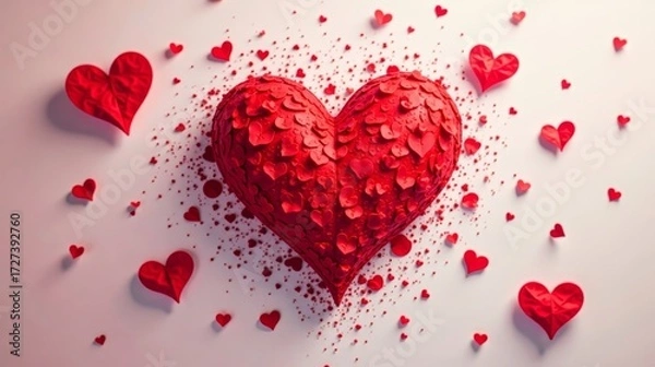 Fototapeta A large, textured heart, crafted from numerous smaller hearts, rests on a soft white background, surrounded by a scattering of tiny hearts, creating a romantic and heartfelt scene.