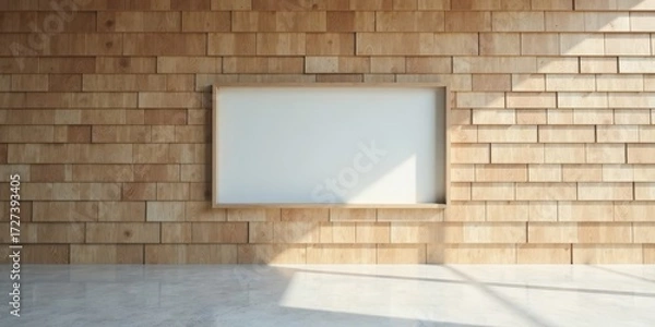 Fototapeta A minimalist interior scene featuring a blank rectangular frame mounted on a light brown wood wall, bathed in sunlight, above a polished floor.