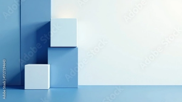 Fototapeta Abstract Minimalist Blue Cube Display Featuring Three Dimensional Shapes on a Solid Background