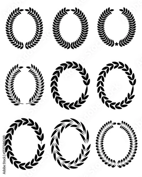 Fototapeta Set of wreaths and branches with leaves. Hand drawing laurel wreaths and branches collection. Laurels wreaths, swirls, twigs and flower ornaments.