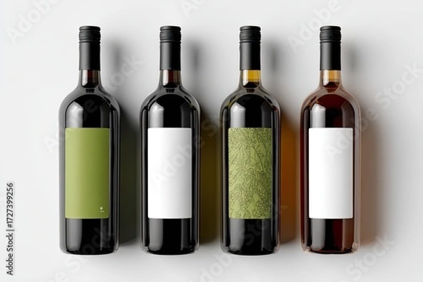 Fototapeta Four wine bottles with blank labels on a white background