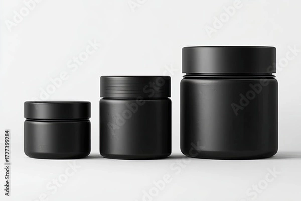 Fototapeta Three black cosmetic jars of varying sizes on a white background